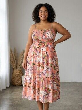 I.N.C  Floral Smocked Bodice Boho Tiered Sundress Coral Peach, Plus Size 3X